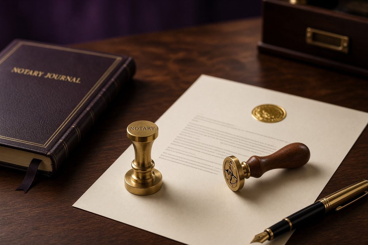Gold notary stamp and journal on walnut desk