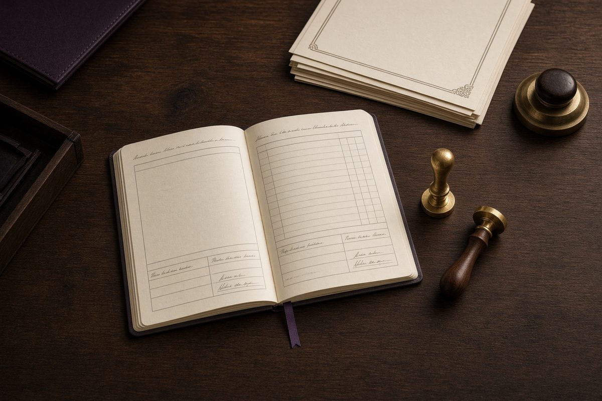 Notary journal, documents, and gold stamp