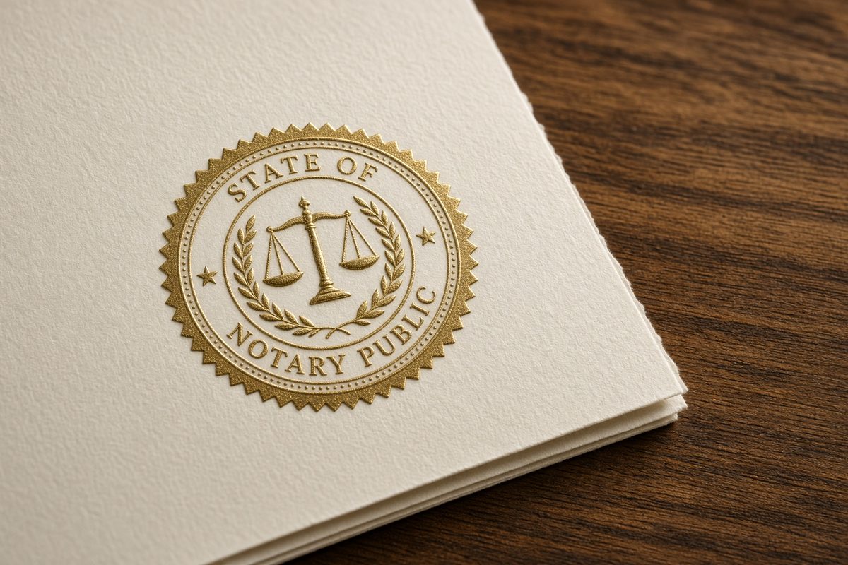 Official notary seal impression on cream paper