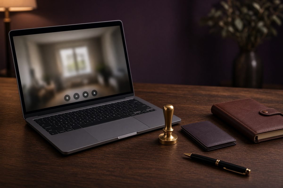 Remote online notary video session on a wood desk